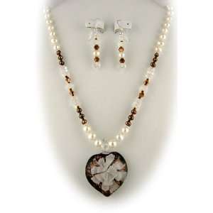 Murano Glass White Flower Heart Pendant Freshwater Pearls Sterling 