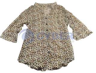 Hot Leopard V Neck Turn up Cuff Thin Long Sleeve Shirt  