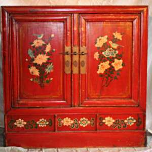 ANTIQUE CHINESE RED 2 DOOR CABINET CHEST BIRD & FLOWER PAINTINGS 