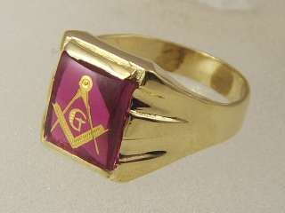 14 KT SOLID YELLOW GOLD MENS MASON SIGN INLAID RUBY RED STONE MASONIC 