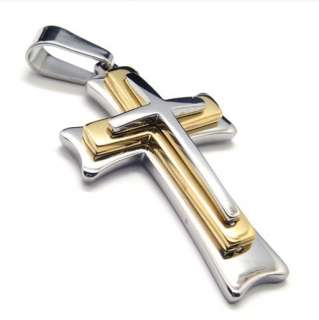 MENS STAINLESS STEEL GOLDEN SILVER BLACK CROSS NECKLACE  