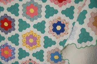   Grandmothers Flower Garden & Stars Antique Hexagon Quilt ~NICE GREEN