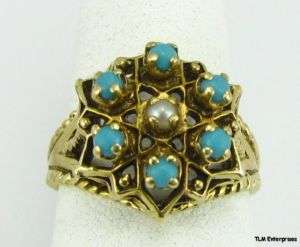 VICTORIAN Six Stone TURQUOISE Pearl RING   14k GOLD  