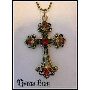   Bean Vintage Fashion Retro Brass Bronze Jeweled Cross Necklace: Beauty