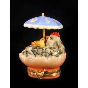  Chicken & Chick in Egg w/ Umbrella French Limoges Box 