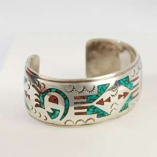 Vintage Navajo Hopi Silver Turquoise Inlay Bracelet  