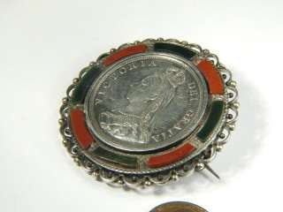   SCOTTISH STERLING SILVER AGATE VICTORIAN COIN PIN BROOCH c1890  