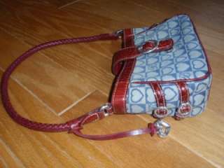   BRIGHTON Handbag Blue Jacquard Fabric with Hearts Brick Leather Trim