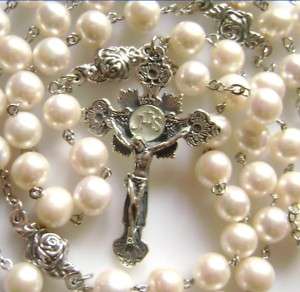Rare Sterling 925 Silver Rose Beads Real Pearl ROSARY  
