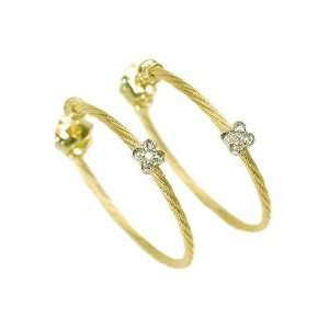   Wire Hoop Earrings, Enhanced with Bezel Set Diamonds in Flower Shape