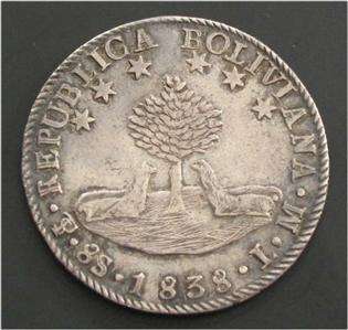 1838 LM, BOLIVIA silver CROWN, COIN, 8 SOLES   XF