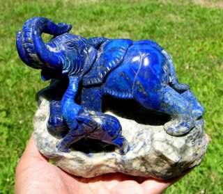 Huge Blue LAPIS LAZULI Gem Elephant Mom & Baby Carving  