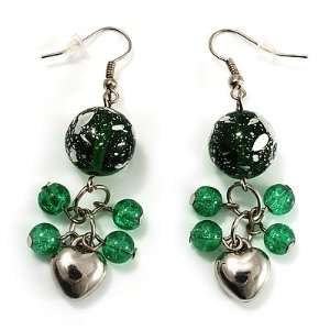  Green Glass Bead Drop Earrings (Silver Tone) Jewelry