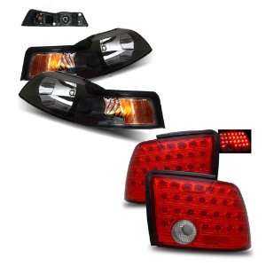  99 04 Ford Mustang Black Headlights /w Amber + LED Tail 