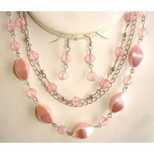 Pink Mother Of Pearl Simulated Necklace And Earrings Set Jewelry