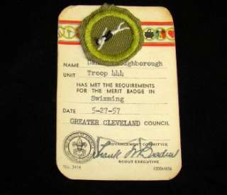 BOY SCOUTS VINTAGE 1957 SWIMMING MERIT BADGE ON CARD  