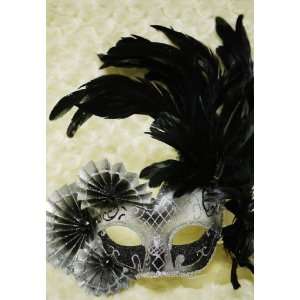  Venetian Styled Mask Fans Dec. And Feather on Top Side   Black 