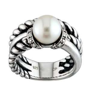 925 Sterling Silver and 8 9mm White Freshwater Pearl and Diamond Ring 