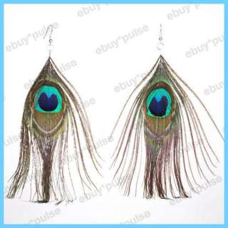 Charm Teardrop Green Peacock Feather Chandelier Hook Dangle Earrings 