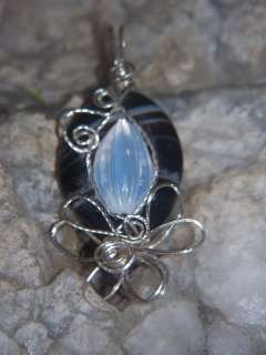 WIRE WRAPPED GEM PENDANT BLK &WHITE AGATE OPAL STERLING  