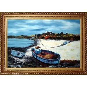  Boats on Beach Oil Painting, with Exquisite Dark Gold Wood 