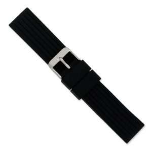   Blk Striped Silicone Rubber Slvr tone Bkle Watch Band Size 22: Jewelry