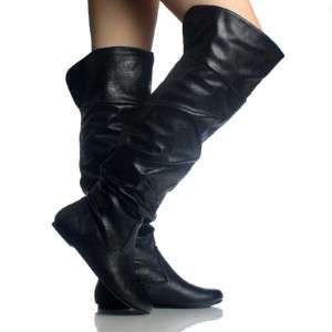 NEW SODA FLAT BOOTS THIGH HIGH BLACK LEATHER ALL SIZES  