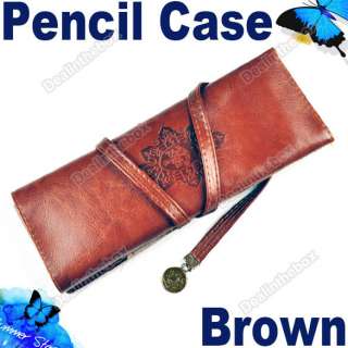   Synthetic Vintage Leather Pencil Cosmetic Case Pen Pouch Brown  