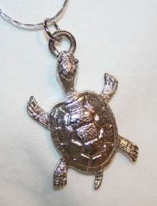 Delightful Textured Silvertone Turtle Pendant Necklace  