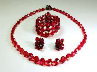 1950s Sherman Red AB Crystal Japanned Necklace, Bracelet and Earrings 
