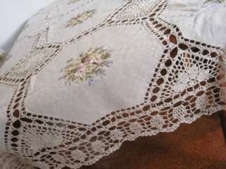 Hand Ribbon Rose Embroidered Crochet Table Cloth L  