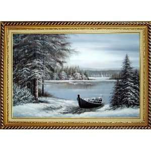 Small Boat and Winter Snow River Scenery Oil Painting, with Linen 
