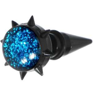   Black Acrylic Spiked Blue Ultra Glitter Fake Taper Ear Plug Jewelry