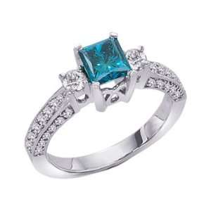    Princess Blue Diamond Three Stone Ring in 14k White Gold: Jewelry