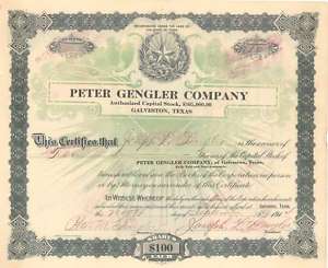 1914 GALVESTON TEXAS STOCK CERTIFICATE PETER GENGLER  