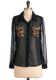 Cheetah Chatter Top   Mid length, Black, Brown, Animal Print, Pockets 
