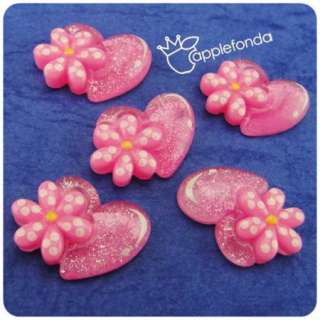 Q225 Lucite Flatback charm bead pink flower hear (5pcs)  