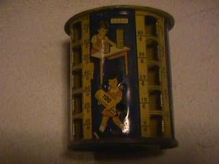 vintage childs tin cylindrical coin bank great graphics  