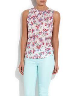 Winter White (Cream) Pink and Purple Flora Pintuck Shell Top 