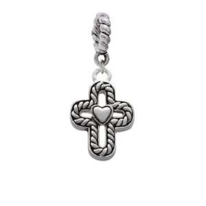  Cross with Rope Border and Heart Charm Dangle Pendant 