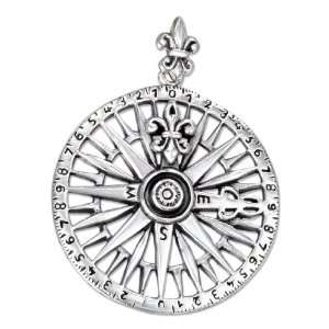   Sterling Silver 30mm Antiqued Fleur de lis Compass Pendant. Jewelry