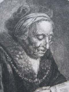 Radierung v. A.H Riedel: Alte Zeitung lesende Frau,1780 /Etching Woman 