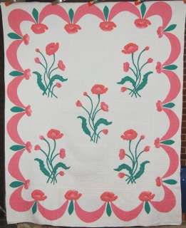  Hand Stitched Poppy Applique Antique Quilt ~Art Nouveau Design!  