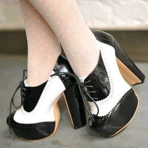 Fashion Black/White Round Toe Lace Up Cuban Heels Platform Ankle Boots 