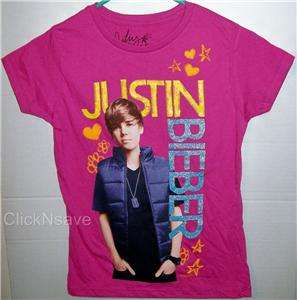 Justin Bieber Girls Fuschia Glitter Photo T Shirt   NEW  