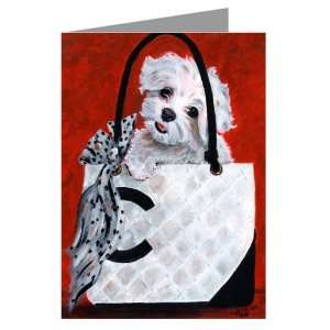 Maltese hund in einem Coco Chanel Handtasche Grußkarte  
