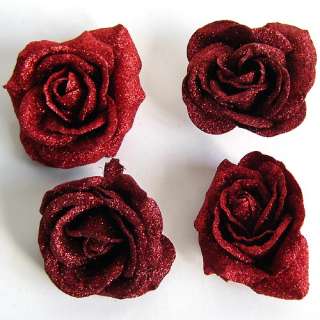 4x Glitter Rosen auf Clip Rot Rote Rosen f. Hochzeit  