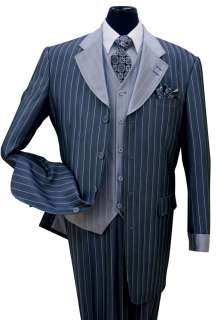 Mens 3 piece Luxurious Classic Gangster Pinstripe Wool Feel Suit Navy 
