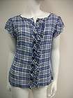 Tulle Navy White plaid blouse top ruffle front cotton NEW NWT Sz S M L 
