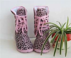 Womens Leopard Lace Up Winter Snow Boots Warm Shoes US 2 Sizes Pink 